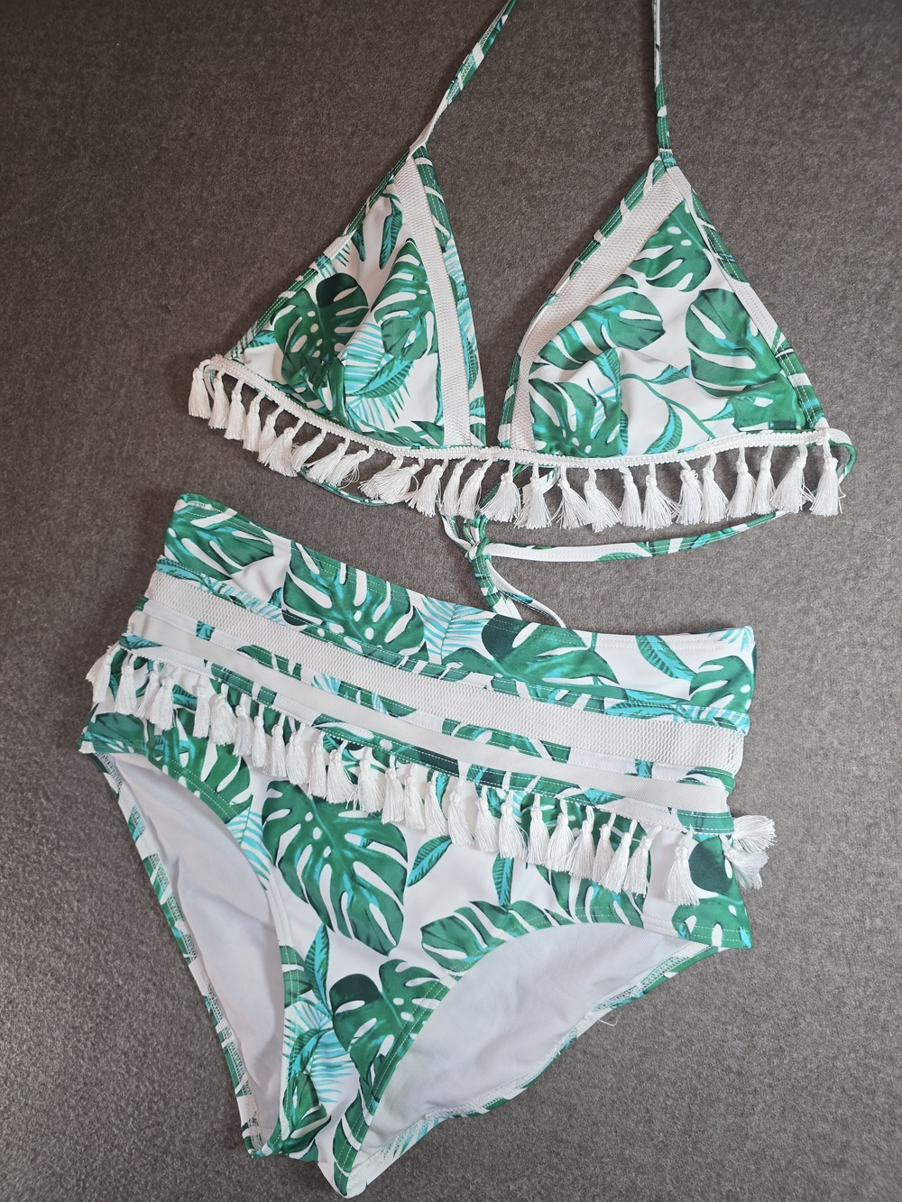 Cocoship White & Green Tropical Palm Leaves Two-Piece High Waist Swimsuit